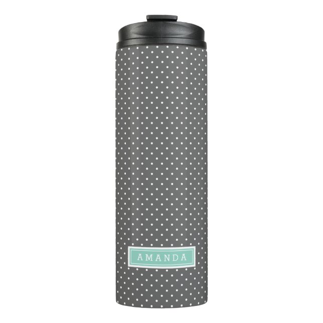 Karkohle und Aqua Tiny Dots Monogram Thermosbecher (Vorderseite)