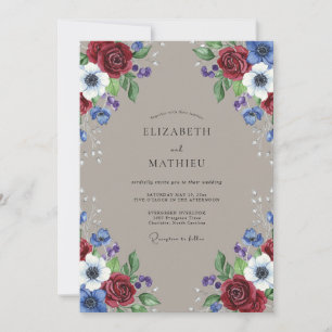 Karmesinblaue Anemonen-Hochzeit Einladung