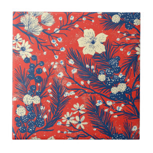 Karmesinrot Indigo Winter Botanisches Muster Fliese