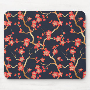 Karmesinrote Pflaumenblüten-Gold-Bronze-Marineblau Mousepad