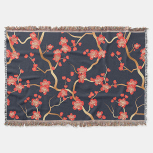 Karmesinrote Pflaumenblüten-Gold-Bronze-Navy-Blume Decke
