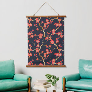 Karmesinrote Pflaumenblüten-Gold-Bronze-Navy-Blume Wandteppich Mit Holzrahmen