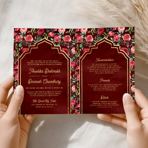 Karmesinrote Rosen Florales Gold Indische Hochzeit Einladung