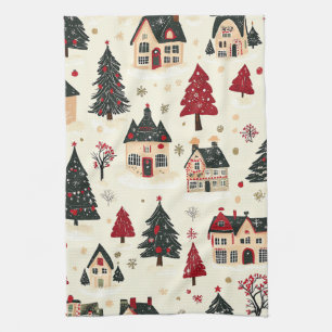 Karmesinrotes grünes Weihnachtsdorf Schnee Toile Geschirrtuch
