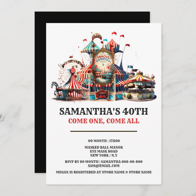 Karneval Geburtstagsretro Zirkus Zelt Karussellrad Einladung (Vorne/Hinten)