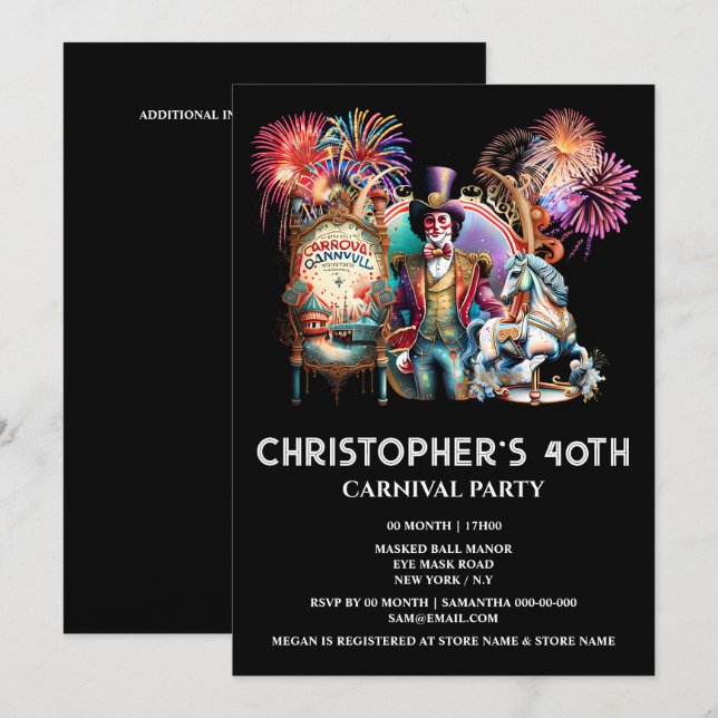 Karneval-Karneval für Erwachsene Karussell Einladung (Vorne/Hinten)