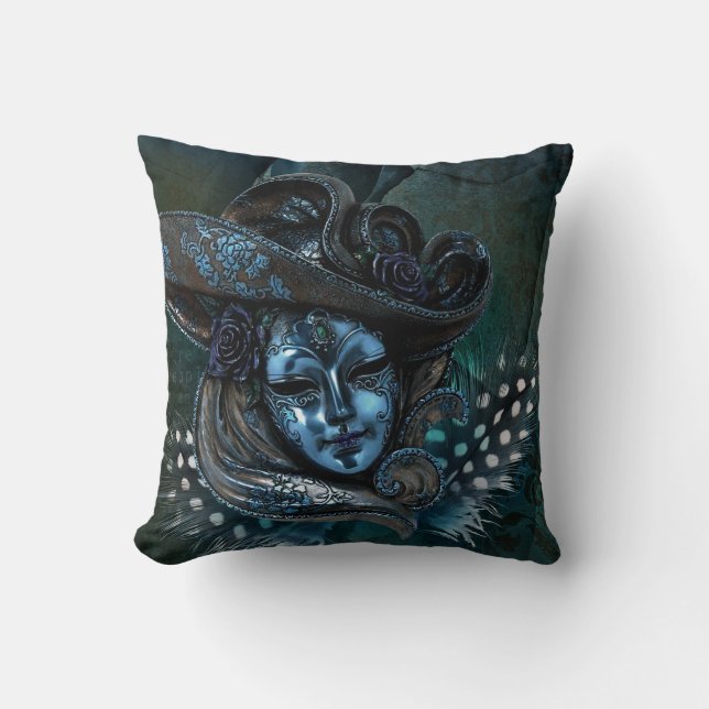 Karneval Mask Blue Damask Kissen (Vorderseite)