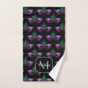 Karneval-Masken-lila grünes Glitzern-Monogramm Badhandtuch Set