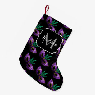 Karneval-Masken-lila grünes Goldschein-Monogramm Kleiner Weihnachtsstrumpf
