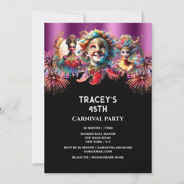 Karneval Nachtzirkus Feuerwerk Masquerade lila Einladung (Vorderseite)