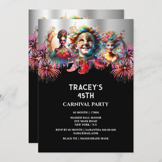 Karneval Nachtzirkus Feuerwerk Masquerade Masken Einladung (Vorne/Hinten)