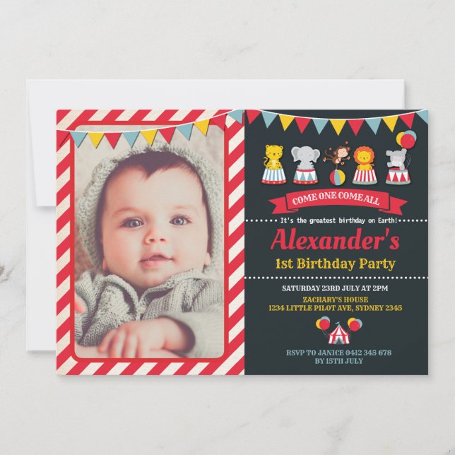 Karnevals-Zirkus-Tier-Geburtstags-Party Einladung (Vorderseite)