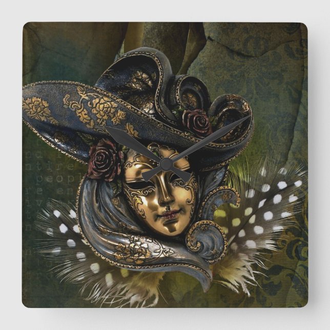 Karnevalsmaske Green Damask Square Wall Uhr (Vorderseite)