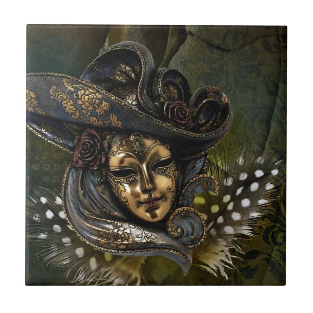 Karnevalsmaske Green Damask Tile Fliese (Vorderseite)