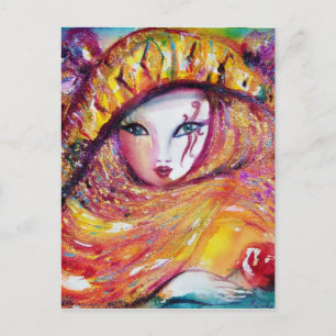 KARNIVALMASK IM GELBEN MIT ROTE ROSE POSTKARTE