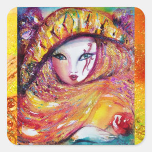 KARNIVALMASK IM GELBEN MIT ROTE ROSE QUADRATISCHER AUFKLEBER