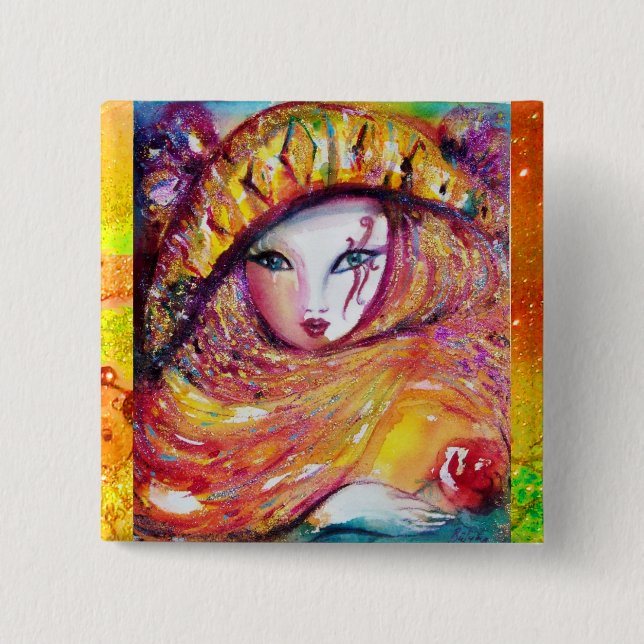 KARNIVALMASK IN GOLDGELB MIT ROTE ROSE BUTTON (Vorderseite)