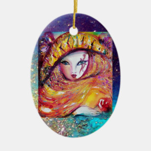 KARNIVALMASK IN GOLDGELB MIT ROTE ROSE KERAMIKORNAMENT