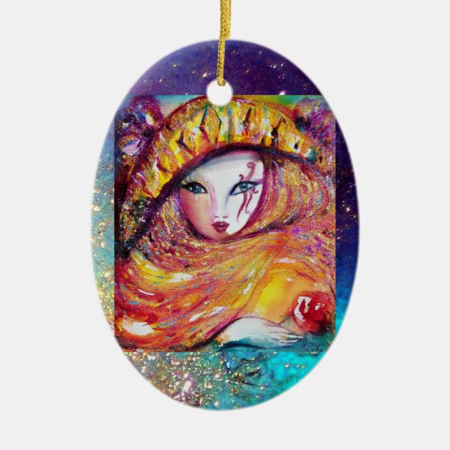 KARNIVALMASK IN GOLDGELB MIT ROTE ROSE KERAMIKORNAMENT (Vorne)