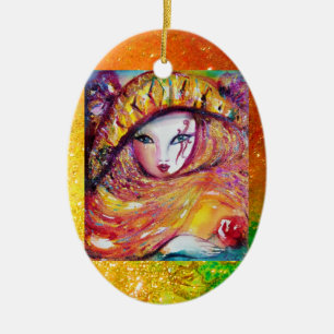 KARNIVALMASK IN GOLDGELB MIT ROTE ROSE KERAMIKORNAMENT