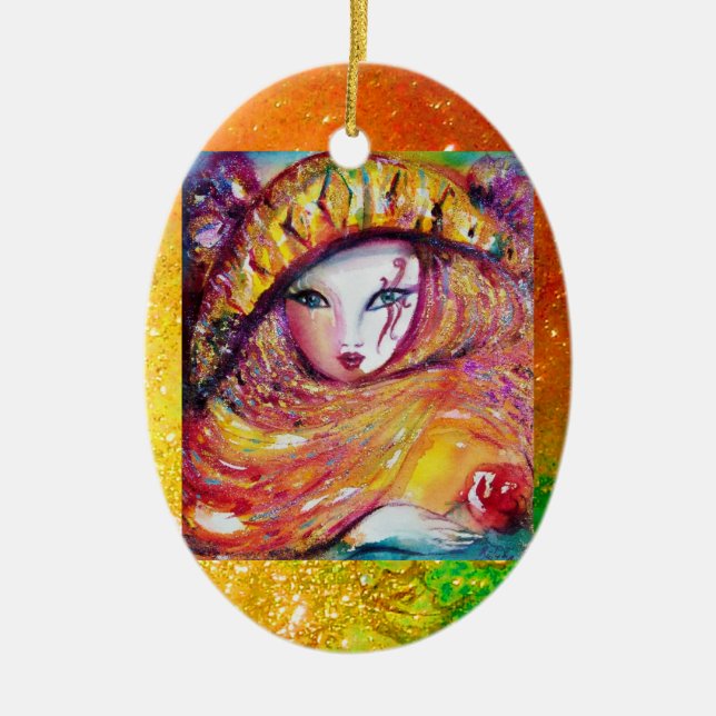 KARNIVALMASK IN GOLDGELB MIT ROTE ROSE KERAMIKORNAMENT (Vorne)