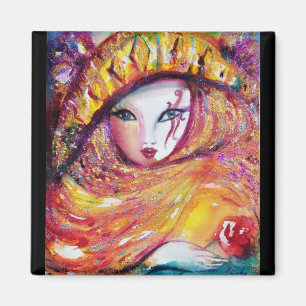 KARNIVALMASK IN GOLDGELB MIT ROTE ROSE MAGNET