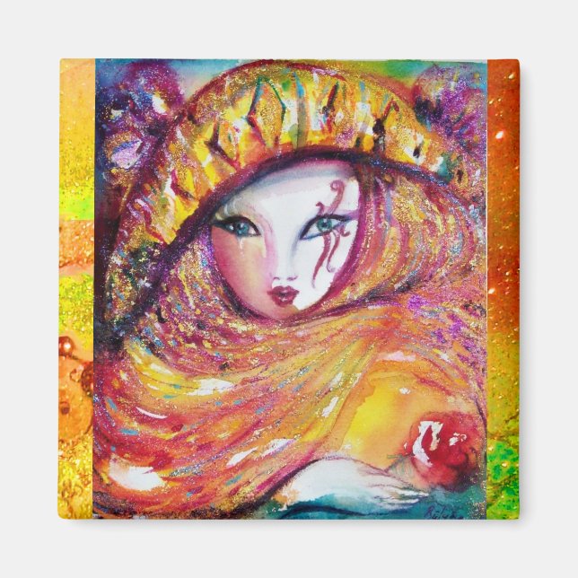 KARNIVALMASK IN GOLDGELB MIT ROTE ROSE MAGNET (Vorne)