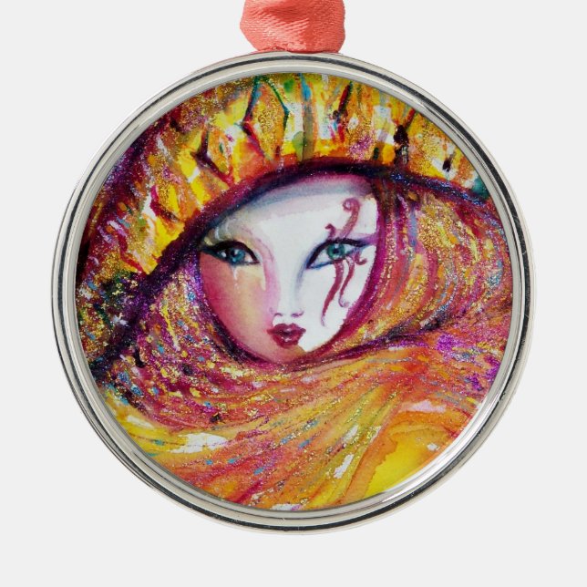 KARNIVALMASK IN GOLDGELB MIT ROTE ROSE ORNAMENT AUS METALL (Vorne)