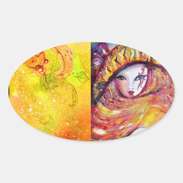 KARNIVALMASK IN GOLDGELB MIT ROTE ROSE OVALER AUFKLEBER (Vorderseite)