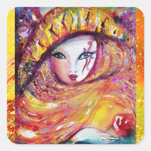 KARNIVALMASK IN GOLDGELB MIT ROTE ROSE QUADRATISCHER AUFKLEBER (Vorderseite)