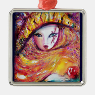 KARNIVALMASK IN GOLDGELB MIT ROTE ROSE SILBERNES ORNAMENT