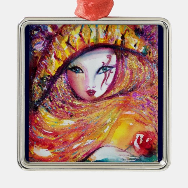 KARNIVALMASK IN GOLDGELB MIT ROTE ROSE SILBERNES ORNAMENT (Vorne)