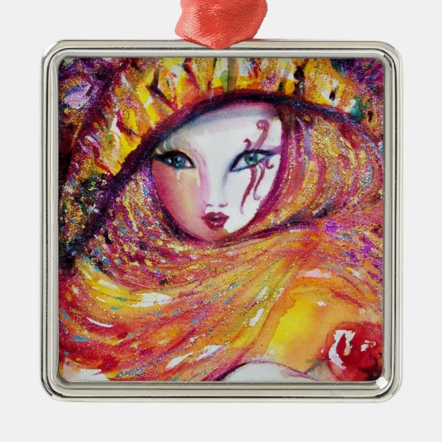 KARNIVALMASK IN GOLDGELB MIT ROTE ROSE SILBERNES ORNAMENT (Vorne)