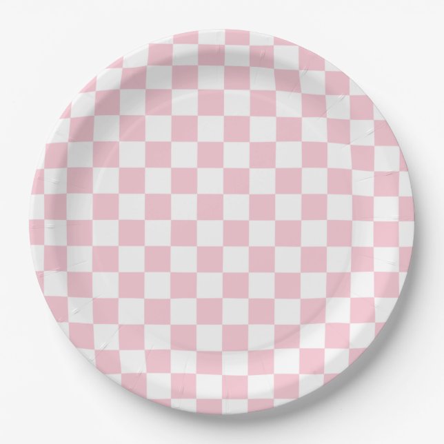 Karo Baby Pink und White Checkerboard Muster Pappteller (Vorderseite)