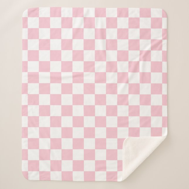 Karo Baby Pink und White Checkerboard Muster Sherpadecke (Vorderseite)