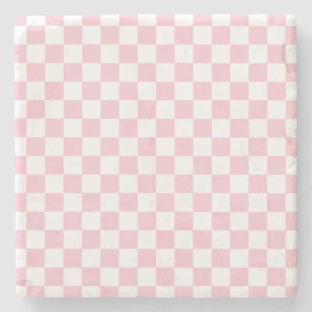 Karo Baby Pink und White Checkerboard Muster Steinuntersetzer (Vorderseite)