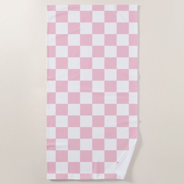 Karo Baby Pink und White Checkerboard Muster Strandtuch (Vorderseite)