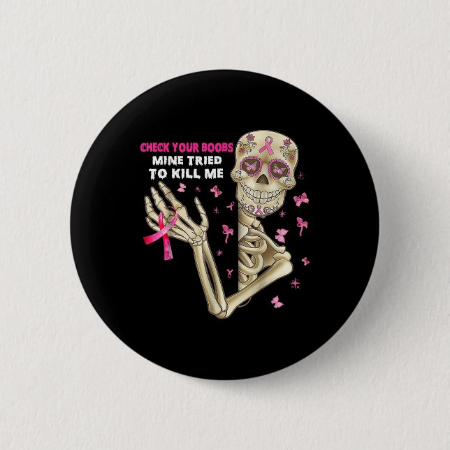 Karo Ihr Spaß Skeletton Hand Brustkrebs Aware Button (Vorderseite)