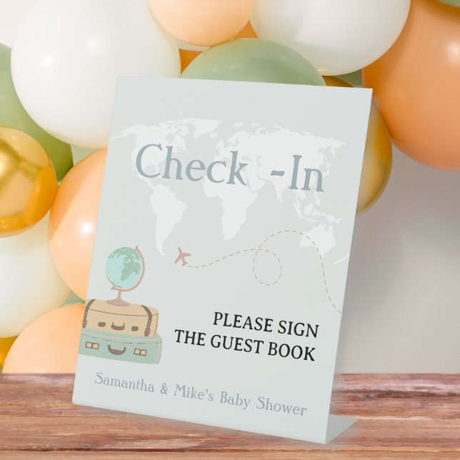 Karo-in-Gästebuch-Babydusche Sockelschild (Check-In Guest Book Sign Travel Baby Shower)