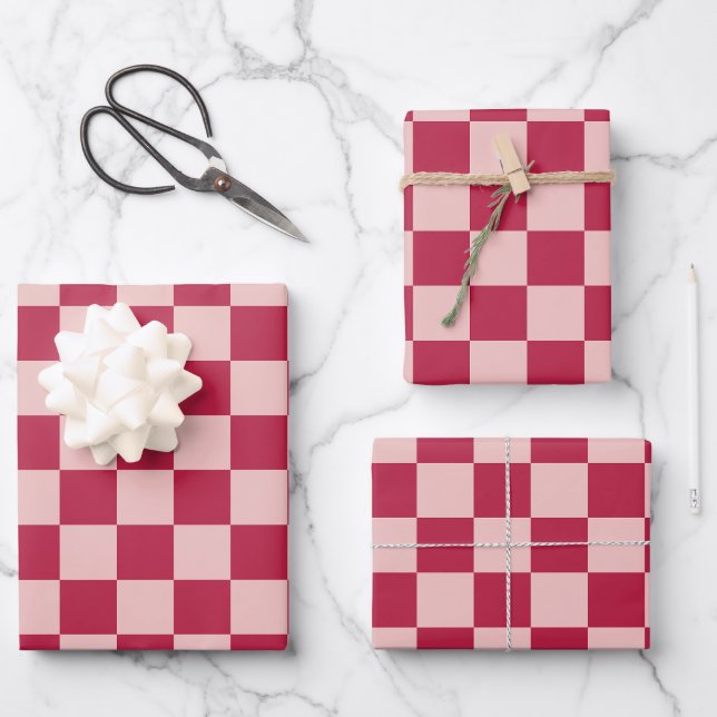 Karo Magenta und Peach Patchboard Geschenkpapier Set (Vorderseite)