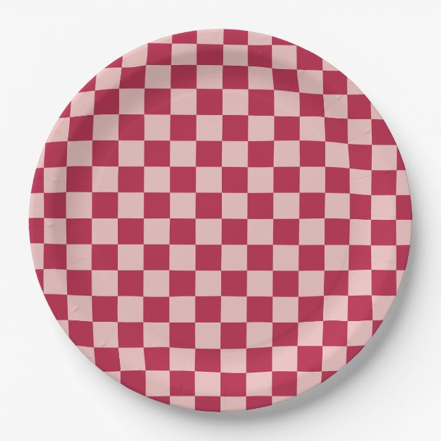 Karo Magenta und Peach Patchboard Pappteller (Vorderseite)