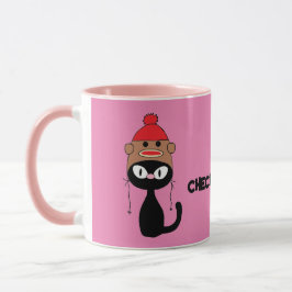 Karo Meowt! Cartoon Black Cat mit Sock-Affenhut Tasse