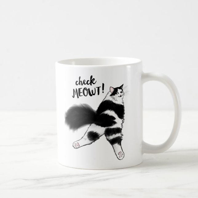 Karo Meowt! Funny Black and White Cat Sploot Kaffeetasse (Rechts)