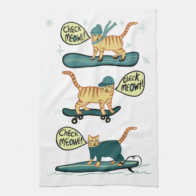 Karo Meowt! Skateboard Surf Snowboard Tabby Katze Geschirrtuch (Vertikal)