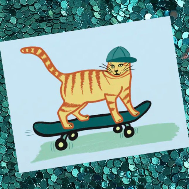 Karo Meowt! Skateboard Tabby Cat CUSTOMIZE IT Postkarte (Cute skateboarding cat custom postcard. Add your own text)