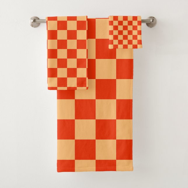 Karo Rot und Pfirsichfarben Checkered Checkerboard Badhandtuch Set (Insitu)