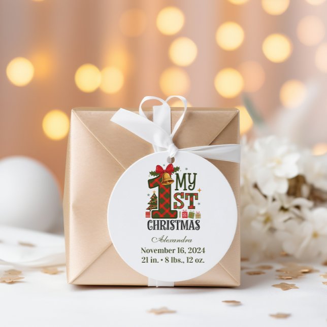 Karo-Rustikal  Erstes Weihnachten Runder Aufkleber (Von Creator hochgeladen)