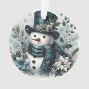 Karo-Schneemann mit Winterblumen und Stechpalmenak Ornament
