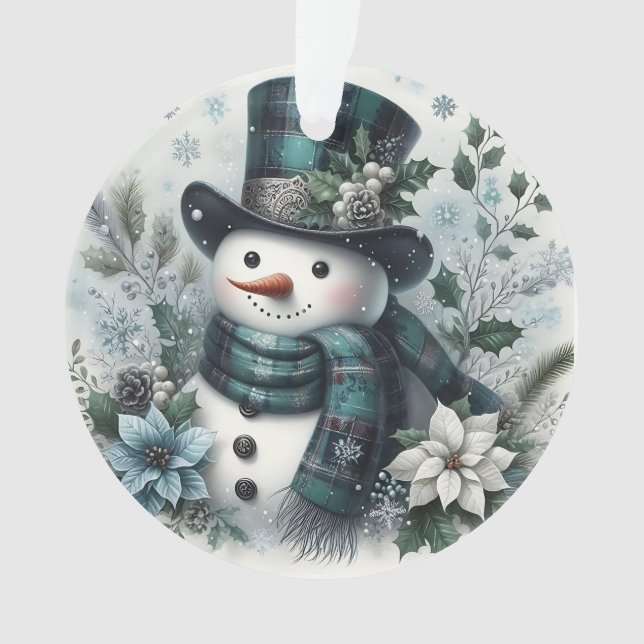 Karo-Schneemann mit Winterblumen und Stechpalmenak Ornament (Vorderseite)