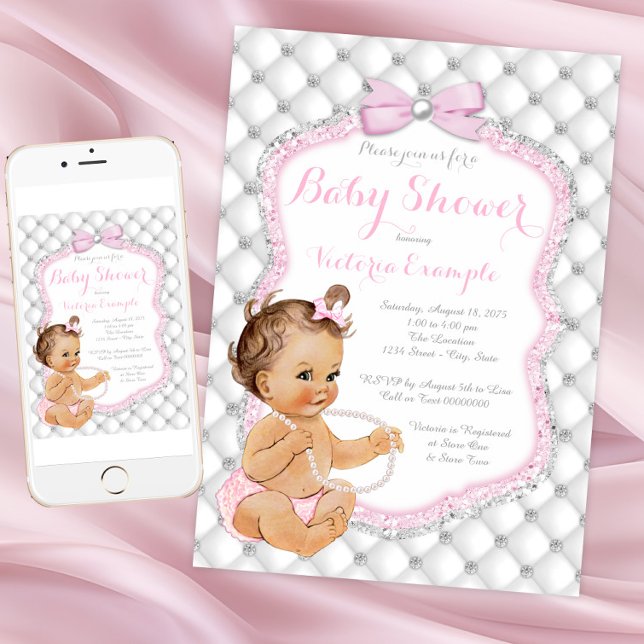 Karo- und Perldusche Einladung (Pretty blush pink diamond baby shower invitation. Instant download and printed invitations available)